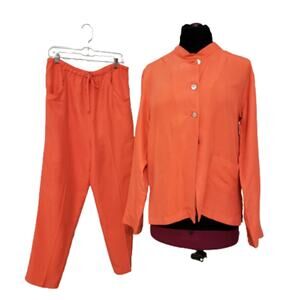 Galinda Wang‎ Silk Two-Piece Tangerine Tunic Top and High Rise Pant Suit 10